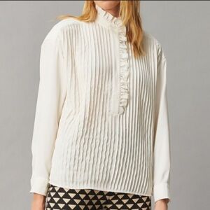 Tory Burch White Pleated Button Down Shirt